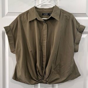 Lauren Ralph Lauren Twist-Front Cotton Blouse Size 14W Olive Green Minimalist